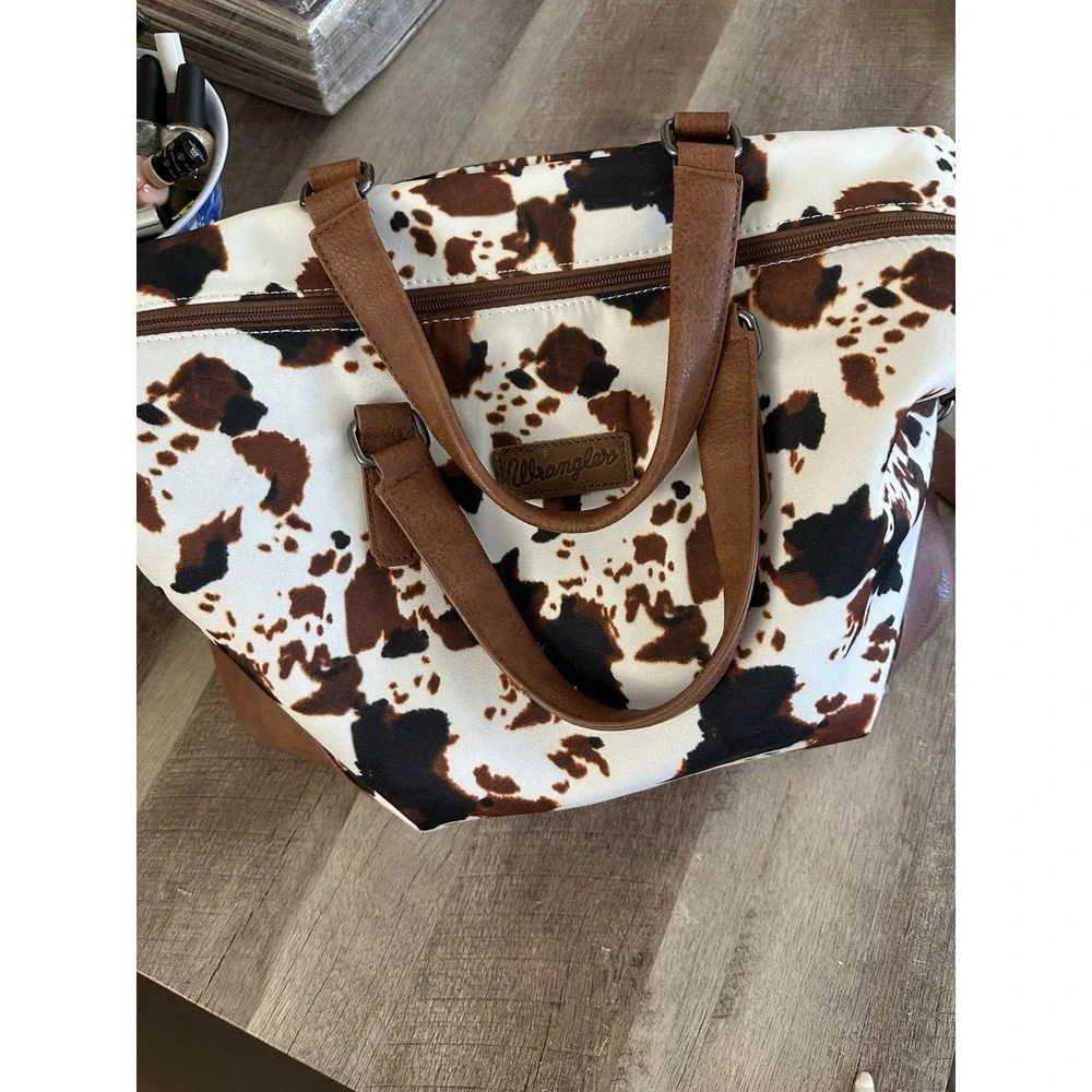 Wrangler Cow Print Weekender Duffel Bag Western Travel Carry On Brown Cream